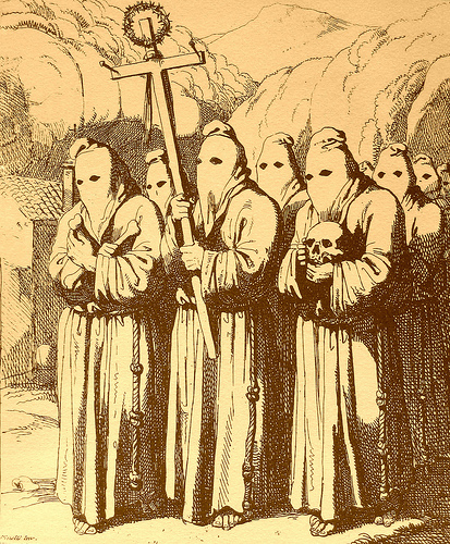 Penitenti della Confraternita della Morte, detti "Sacconi" in un’incisione ottocentesca.