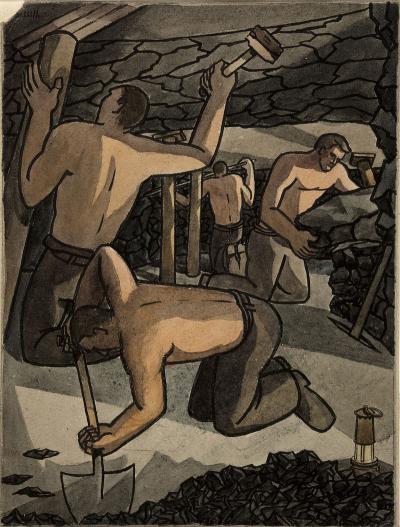  Coal_miners_at_work,_cutting_coal_and_propping_Artist_George_Bissill