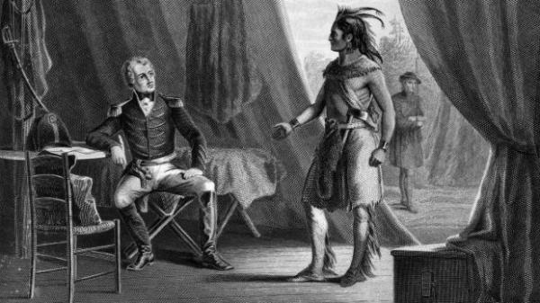 1814:  William Weatherford, also known as Chief Red Eagle, surrenders to future Us president Andrew Jackson (1767 - 1845), after the Creek Indians were defeated at the Battle of Horseshoe Bend in Alabama. Many Choctaw fought with Jackson. (Photo by MPI/Getty Images) 