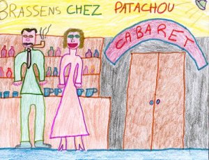 Brassens al cabaret di Patachou. Disegno di un’alunna della 4a classe della scuola elementare „Georges Brassens“ di Sète.