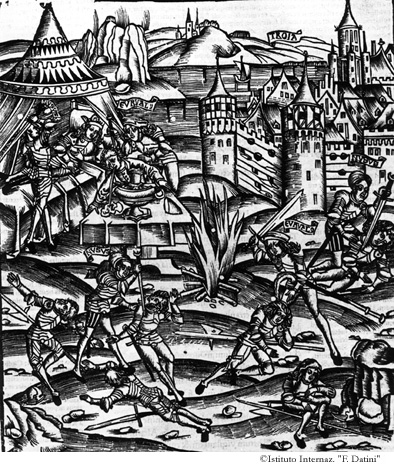 Eurialo e Niso fanno strage dei Rutili. P. Virgilio Marone, Eneide IX, 314-366. Lugduni 1529 (in Typographaria Officina Ioannis Crespini)