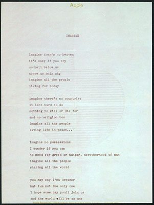 La prima stesura dattiloscritta effettuata da Lennon su un foglio di carta intestata della Apple. Lennon's first typewritten lyrics on a letter paper of Apple.