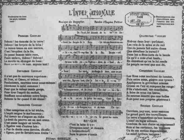 Il volantino completo contenente il testo e la musica originale di Pierre Degeyter, stampato dall'Imprimerie Boldoduc di Lilla nel luglio del 1888.