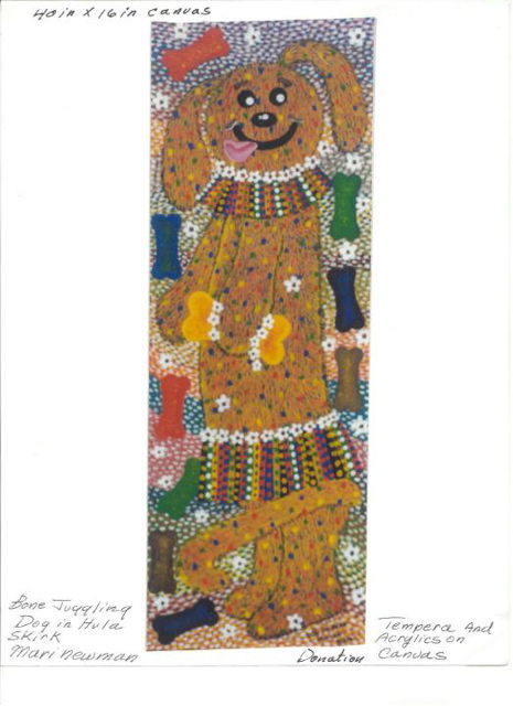 c. Juggling Dog in Hula Skirt, di Mari Newman, tempera e acrilico su tela