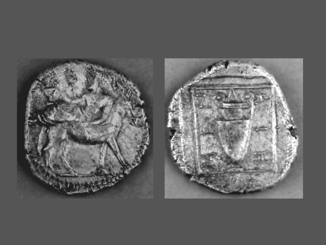 Le antiche monete con l'asino di Mendi, il "Sor Medios". Τα παλιά νομίσματα με το Μέντιο γαïδάρι, τον "Κυρ-Μέντιο".
