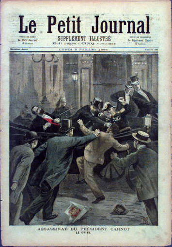 Lione, 24 giugno 1894. Sante Caserio pugnala a morte il presidente Marie-François Sadi Carnot. Illustrazione dal Petit Journal del 2 luglio 1894.