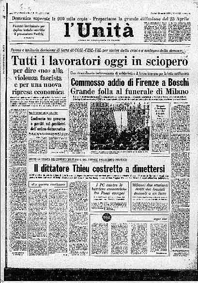 I Prima pagina dell’Unità del 20 aprile 1975. I funerali di Rodolfo Boschi in piazza della Signoria.