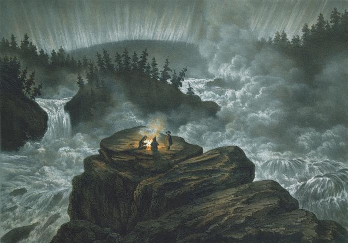 Harsprånget or Njommelsaska:  in 1856, a mighty waterfall on the Lule River in northern Sweden, traded for hydroelectric power and turned into 'shoreless shores' between 1918 and 1951. (A painting by Carl Svante Hallbeck)