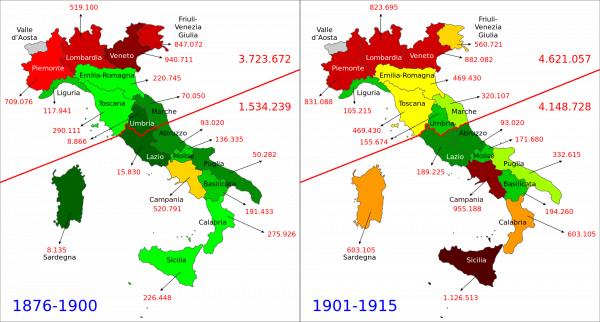 Stima del numero di emigranti nei periodi 1876-1900 e 1901-1915, divisi per regione di provenienza