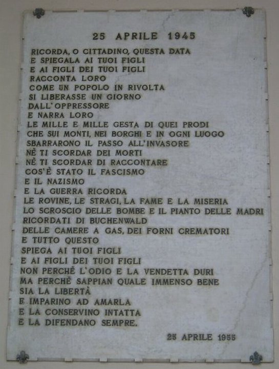 Ricorda, o cittadino, questa data, lapide sul vecchio palazzo comunale di Scandicci, Firenze.