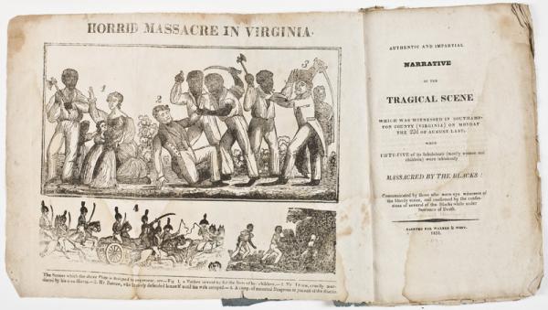 Nat Turner's slave rebellion (stampa da "Authentic and impartial narrative of the tragical scene which was witnessed in Southampton County (Virginia) on Monday the 22d of August last", di Samuel Warner, 1831)