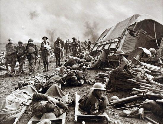 Wounded men at the side of a road after the Battle of Menin Road