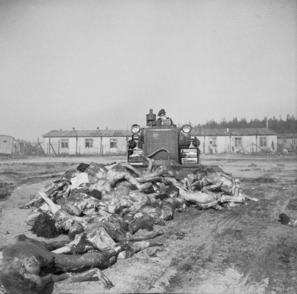 A British Army bulldozer pushes bodies into a mass grave at Belsen. April 19, 1945