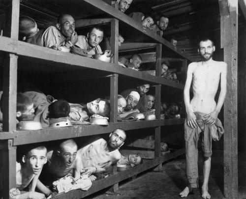 Buchenwald, aprile 1945. Il settimo volto da sinistra, seconda fila dal basso è Elie Wiesel. La foto è stata scattata da un soldato americano cinque giorni dopo la liberazione del campo.