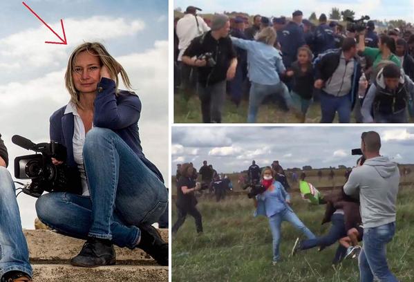 Petra Lazlo, giornalista di una tv ungherese, immortalata mentre ripetutamente scalcia e sgambetta profughi siriani in fuga