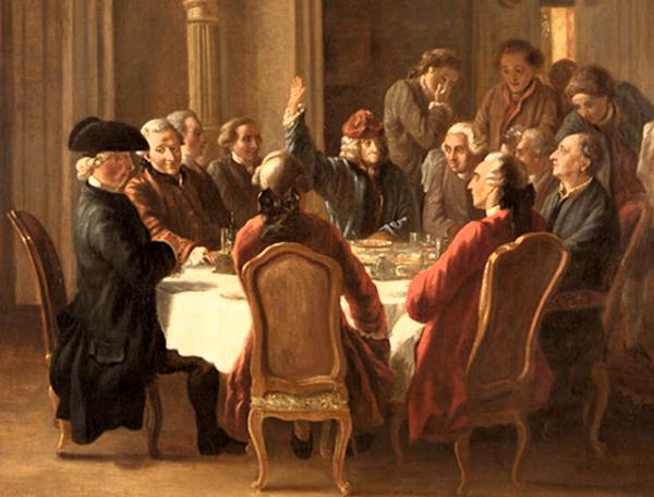une soirée des philosophes (Voltaire au centre avec son bras levé qui demande la parole) au café Procope (Paris) vers 1765.