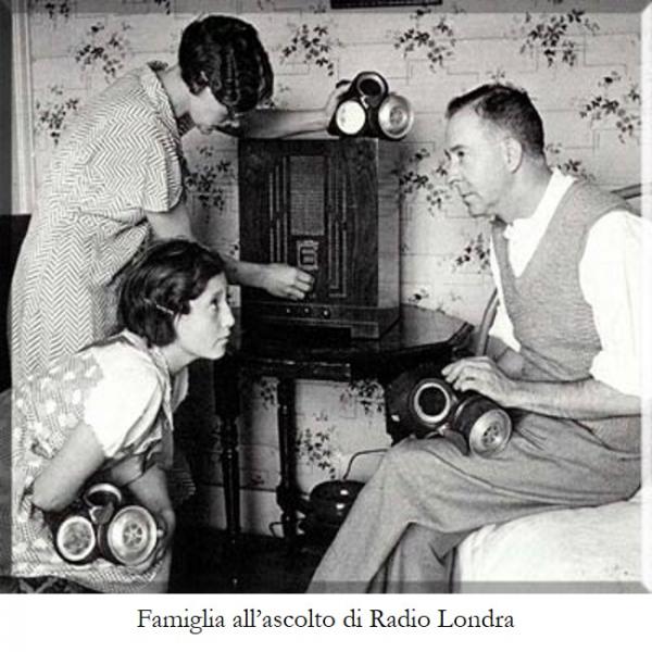 Una famiglia all'ascolto di Radio Londra, con maschere antigas