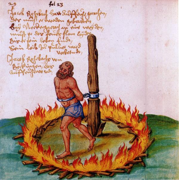 20/21 maggio 1525. Supplizio di Jakob "Jäcklein" Rohrbach, uno dei capi della rivolta contadina nella regione di Weinsberg, Baden-Württemberg.