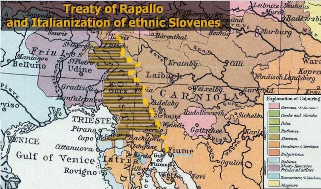 Area caratterizzata, secondo i censimenti asburgici, dalla presenza di popolazione di lingua madre slovena, assegnata al Regno d'Italia in base al trattato di Rapallo.