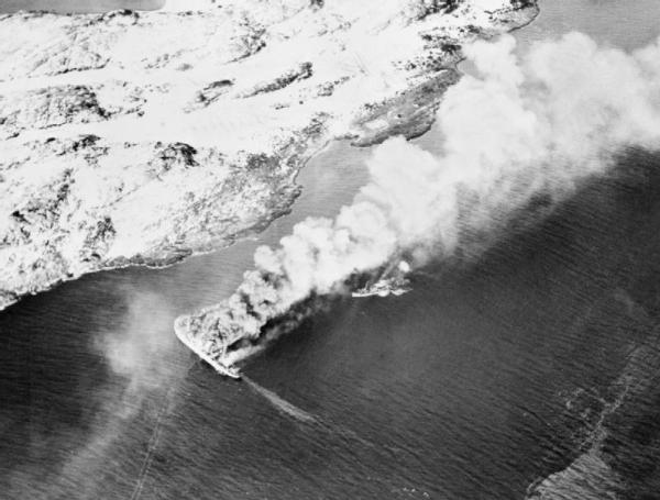 Rigel sinking-boat burning 1944