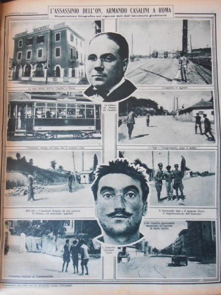 Da Il Mattino Illustrato, la ricostruzione dell’omicidio del deputato fascista Armando Casalini ad opera del carpentiere Giovanni Corvi.