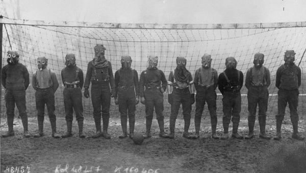 British soccer team with gas masks, 1916