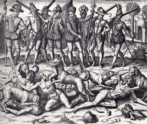 Conquistadores danno nativi in pasto ai cani, stampa del 1595.