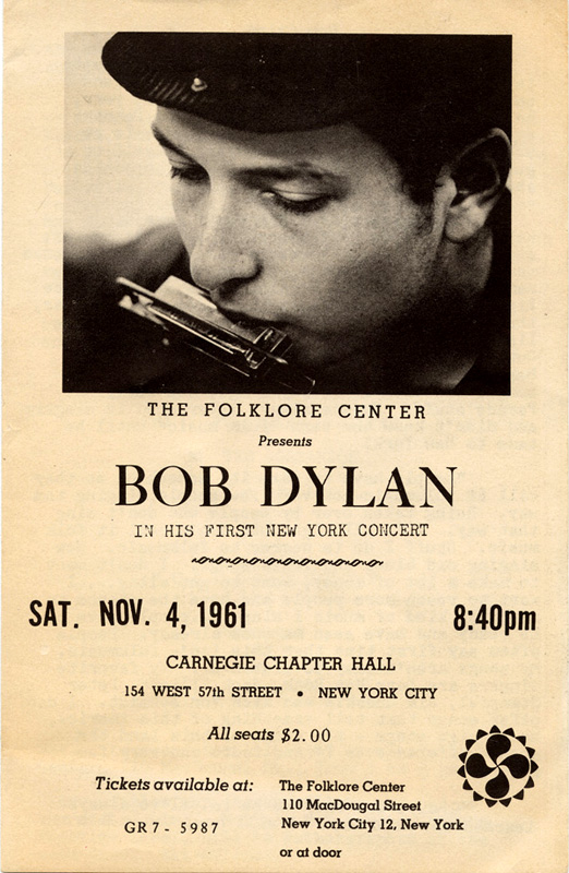 Locandina del concerto di Bob Dylan il 4 novembre del 1961