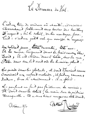 Il manoscritto de Le dormeur du val, 1870.