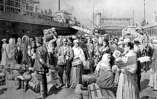 Emigrants waiting to board a ship in Liverpool.