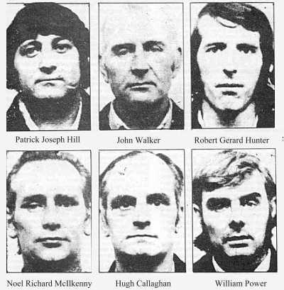 The Birmingham Six all’epoca del loro arresto nel 1975. Vennero poi condannati all’ergastolo come responsabili degli attentati di Birmingham del novembre 1974 (21 morti e 180 feriti).