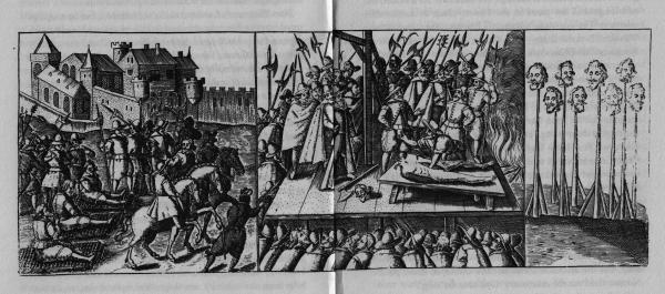 Modalità d’esecuzione all’epoca di Elisabetta I e Giacomo I d’Inghilterra. La stampa si riferisce a quella di Guy Fawkes (e complici), cospiratore cattolico giustiziato nel gennaio 1606.
