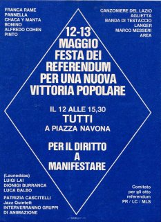 Manifesto per la manifestazione per i referendum del 12 maggio 1977.
