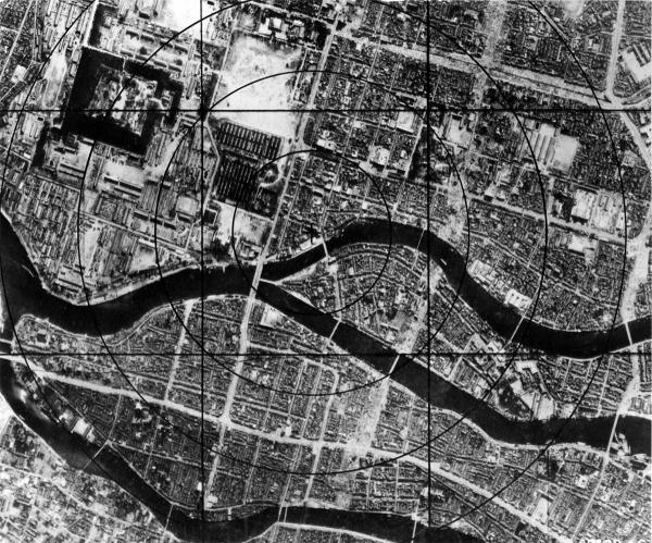 Hiroshima before bombing. Area around ground zero. 1,000-foot circles