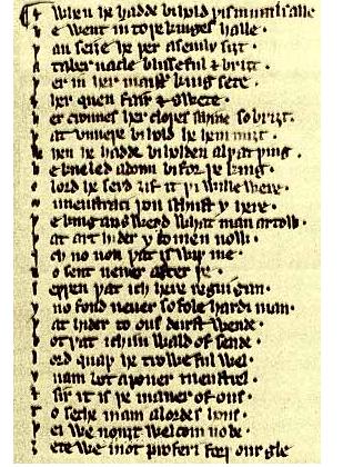 Codice manoscritto di Sir Orfeo. National Library of Scotland Manuscript, Auchinleck, Advocates 19.2.1, fol. 302r, le prime 26 righe della prima colonna (righe 417-434)