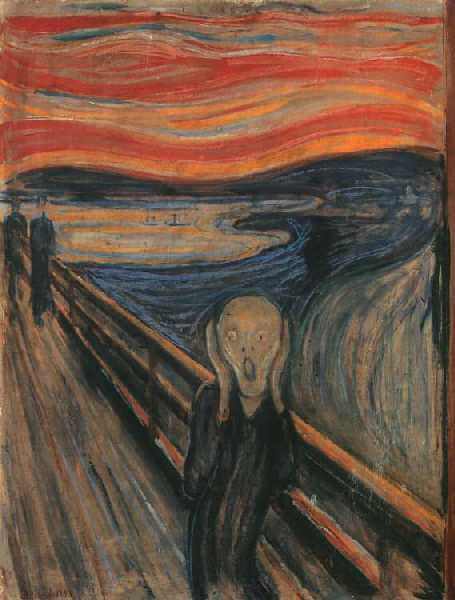 Edvard Munch: L'urlo (Skrik), 1893, olio, tempera e pastello su cartone. Oslo, Galleria Nazionale. / Edvard Munch: Krzyk (Skrik). 1893, olej, tempera i pastel na kartonie. Oslo, Galeria Narodowa.