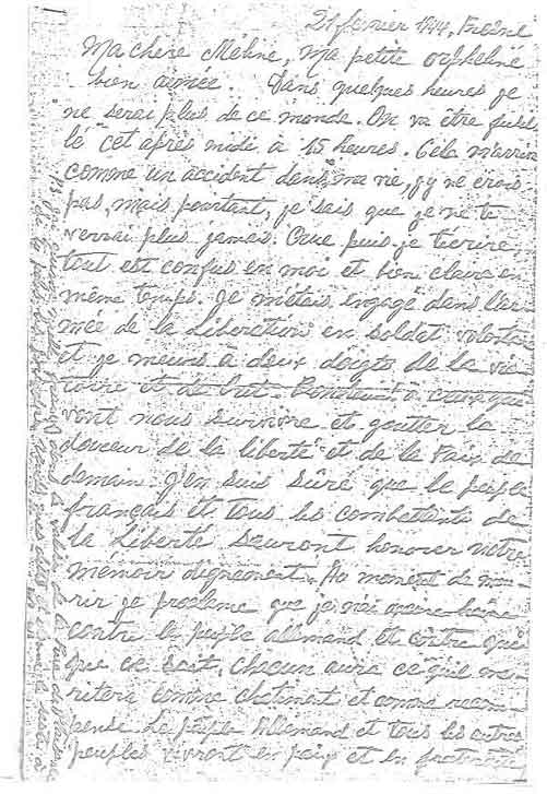 L'originale dell'ultima lettera di Missak Manouchian alla moglie.