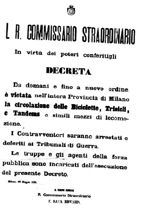 Il decreto firmato da Bava Beccaris il 10 maggio 1898.