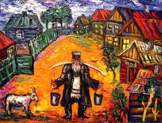 Ari Roussimoff &ndash;&ldquo;Villaggio ebraico con capra&rdquo;, dipinto ad olio.