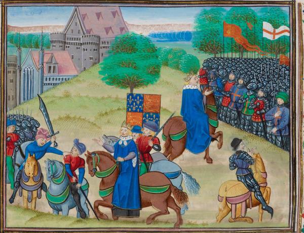 Death of Wat Tyler / King Richard confronts the peasants, dalle “Chronicles” di Jean Froissart, 1483 circa, British Library.