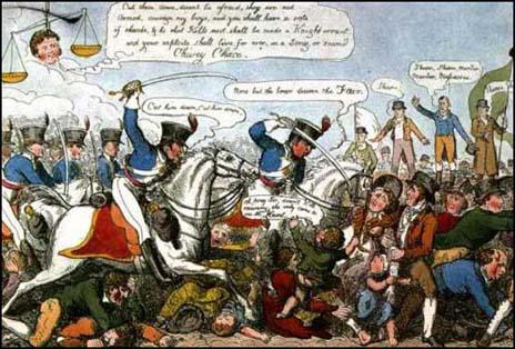 Il massacro di Peterloo (Manchester, 16 agosto 1819) in una stampa popolare.