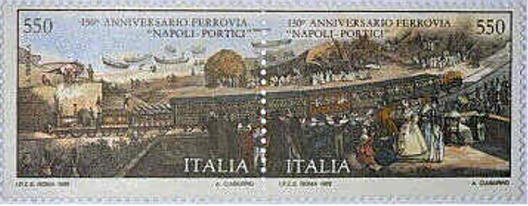 Francobollo commemorativo della ferrovia Napoli-Portici, la prima ferrovia costruita sul suolo italiano.