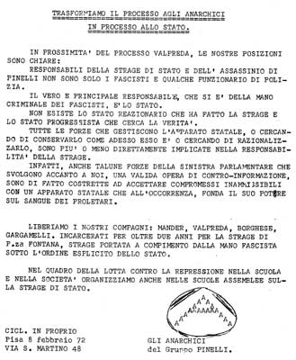 Volantino del Gruppo Pinelli sul processo agli anarchici dopo la strage di Piazza Fontana. Il testo è stato scritto da Franco Serantini.