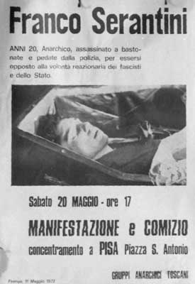 Volantino dei Gruppi Anarchici Toscani (GAT) per la manifestazione indetta per l’assassinio di Serantini il 20 maggio 1972. Vi si vede Franco disteso nella bara.